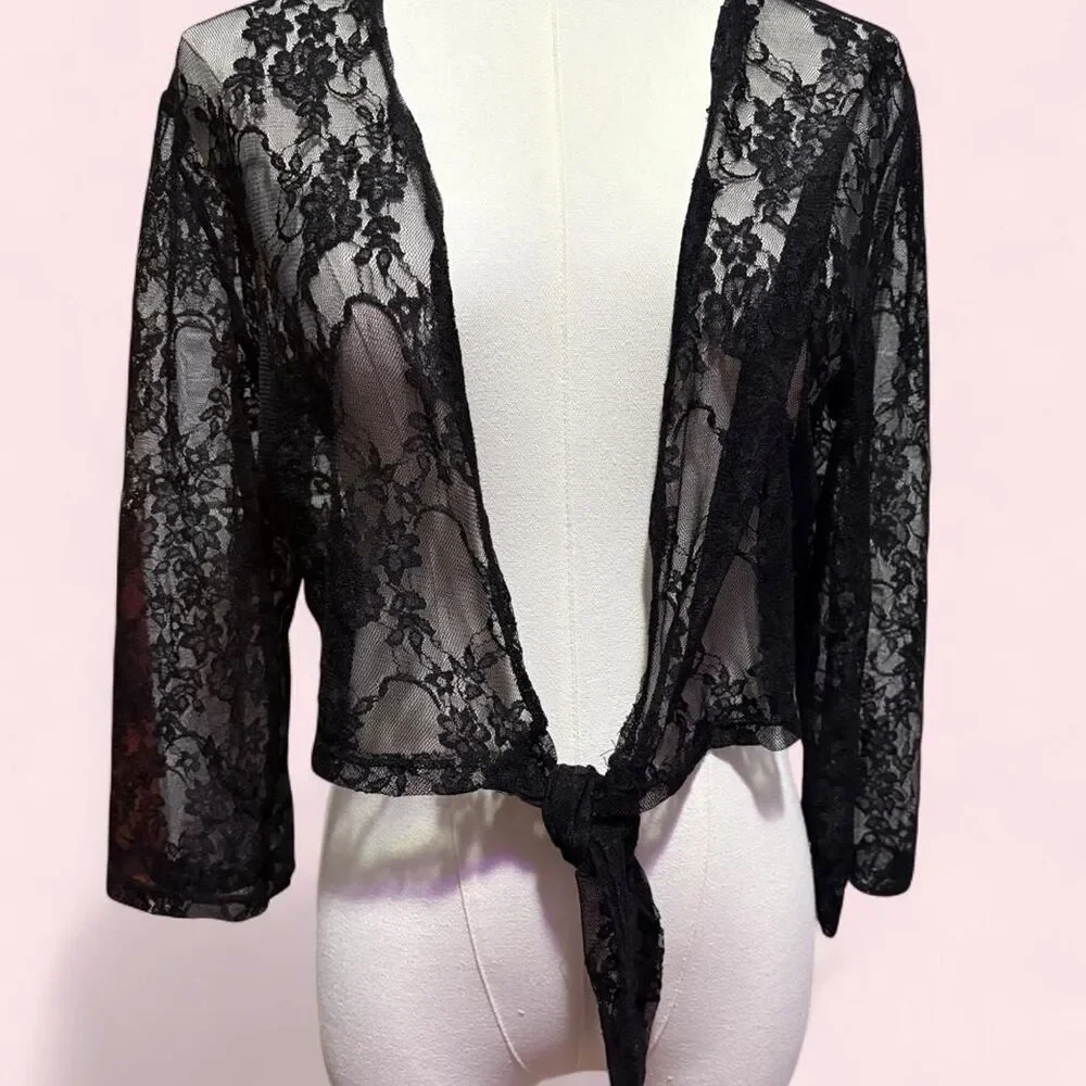 Ellen Parker Black Floral Lace Tie-Front Cardigan